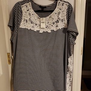NWT Black and white striped tee with white lace